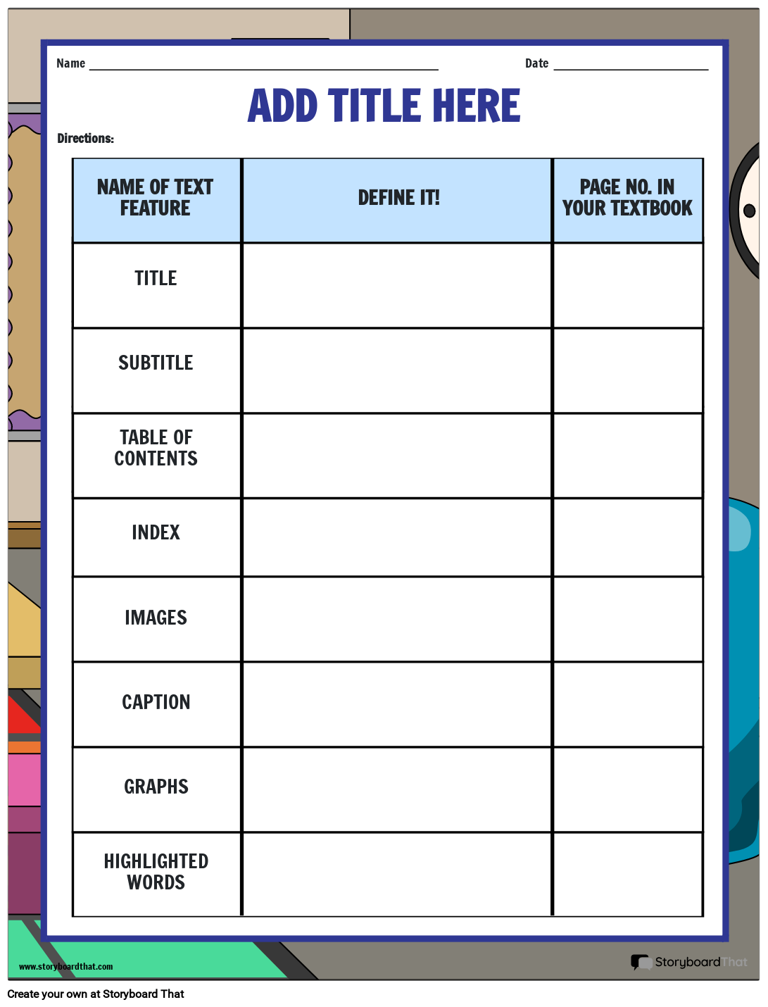 Defining and Exploring Text Features in a Book Worksheet