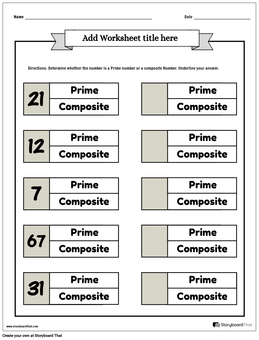 Determining Prime and Composite numbers Worksheet