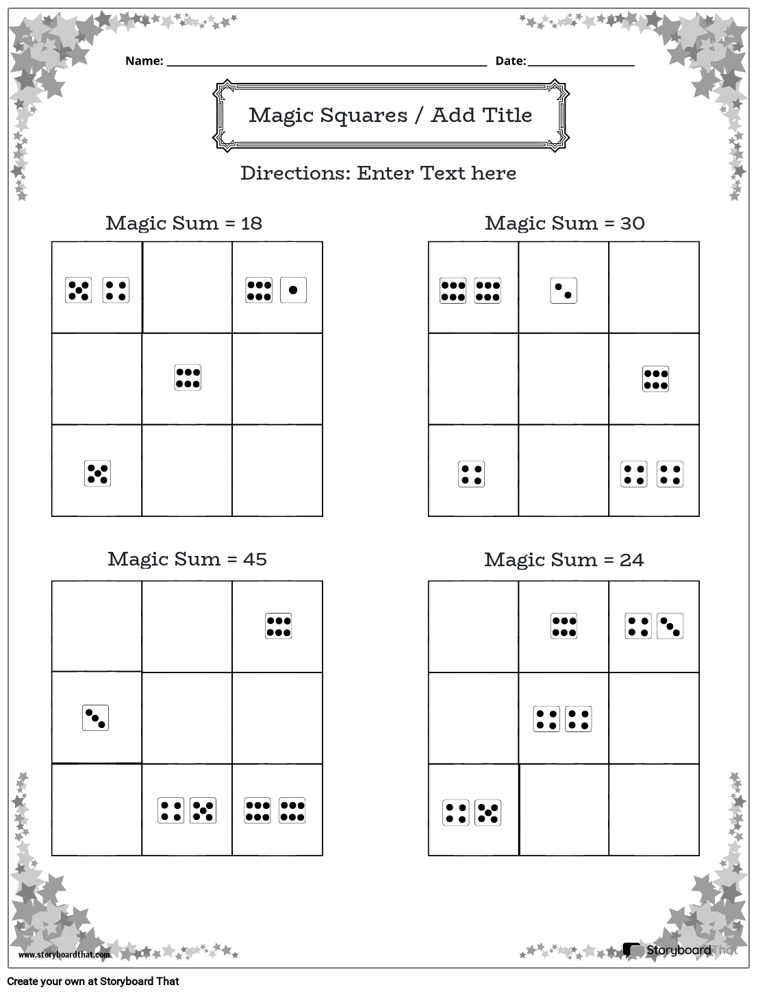 Dice Count Magic Squares Worksheet with Star Border (black and white)