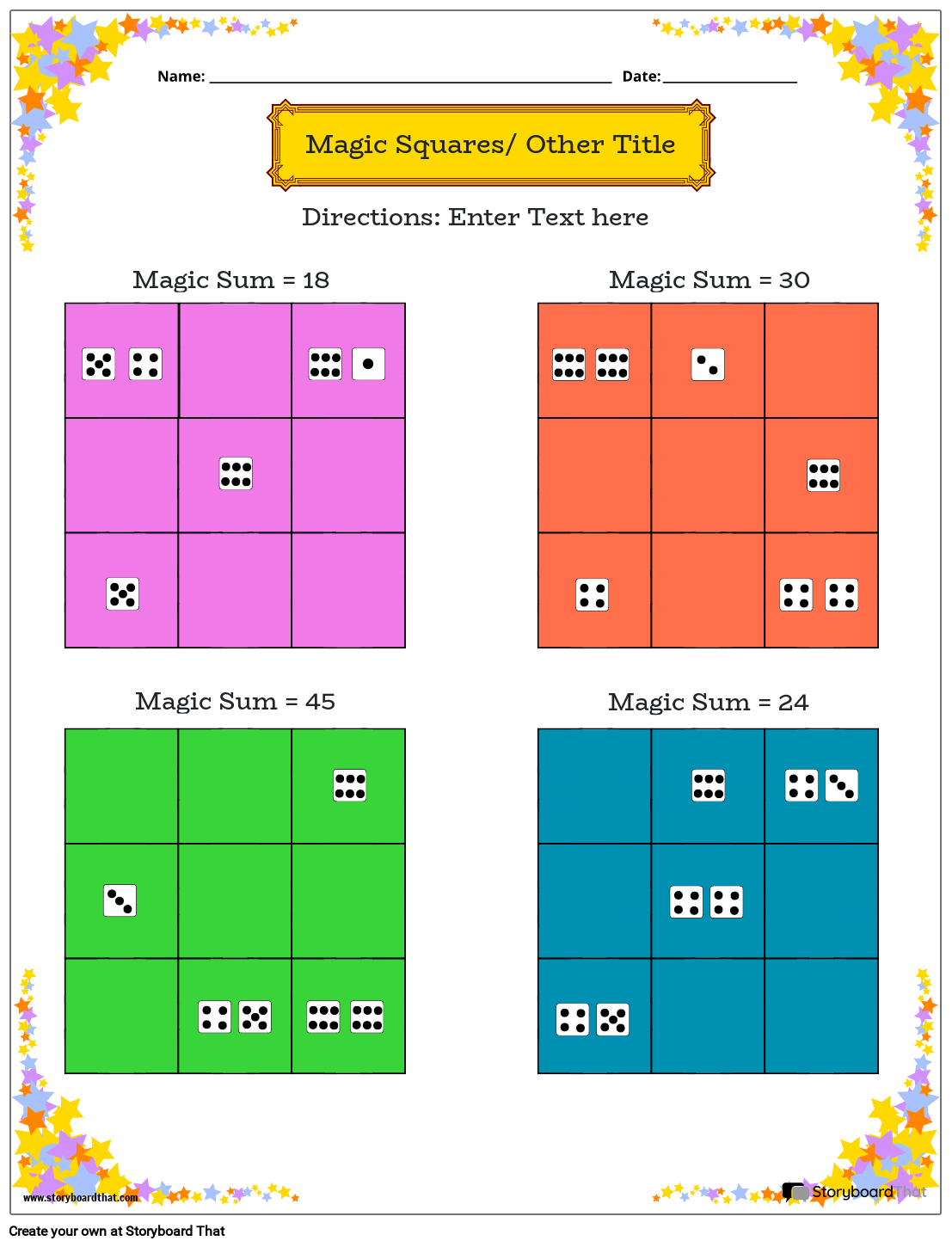 Dice count magic squares worksheet with star theme