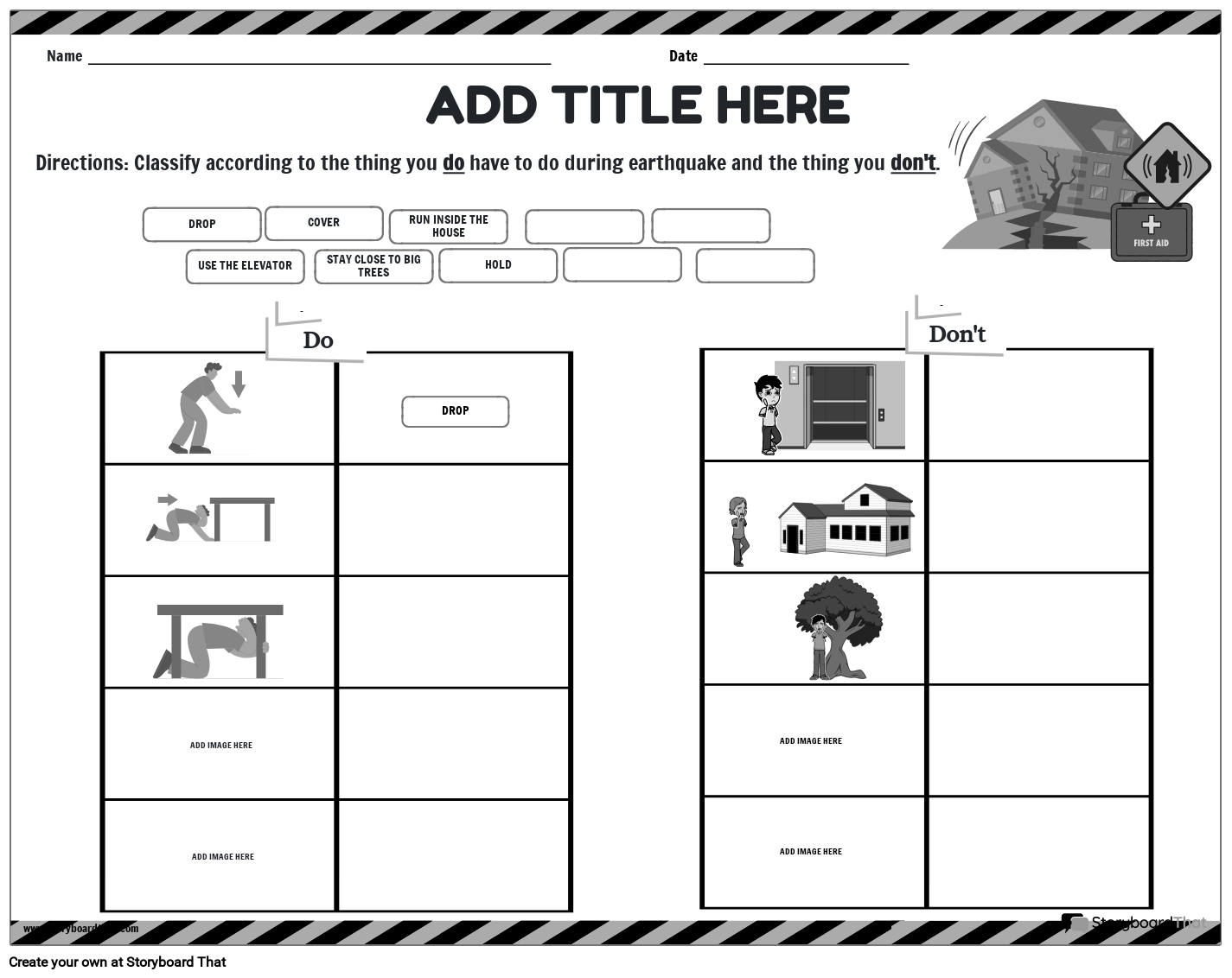Do's and Dont's Earthquake Safety Worksheet with Caution Border BW