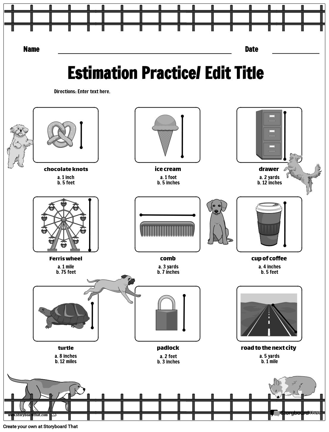 Dogs Themed US Measurement Worksheet B&W