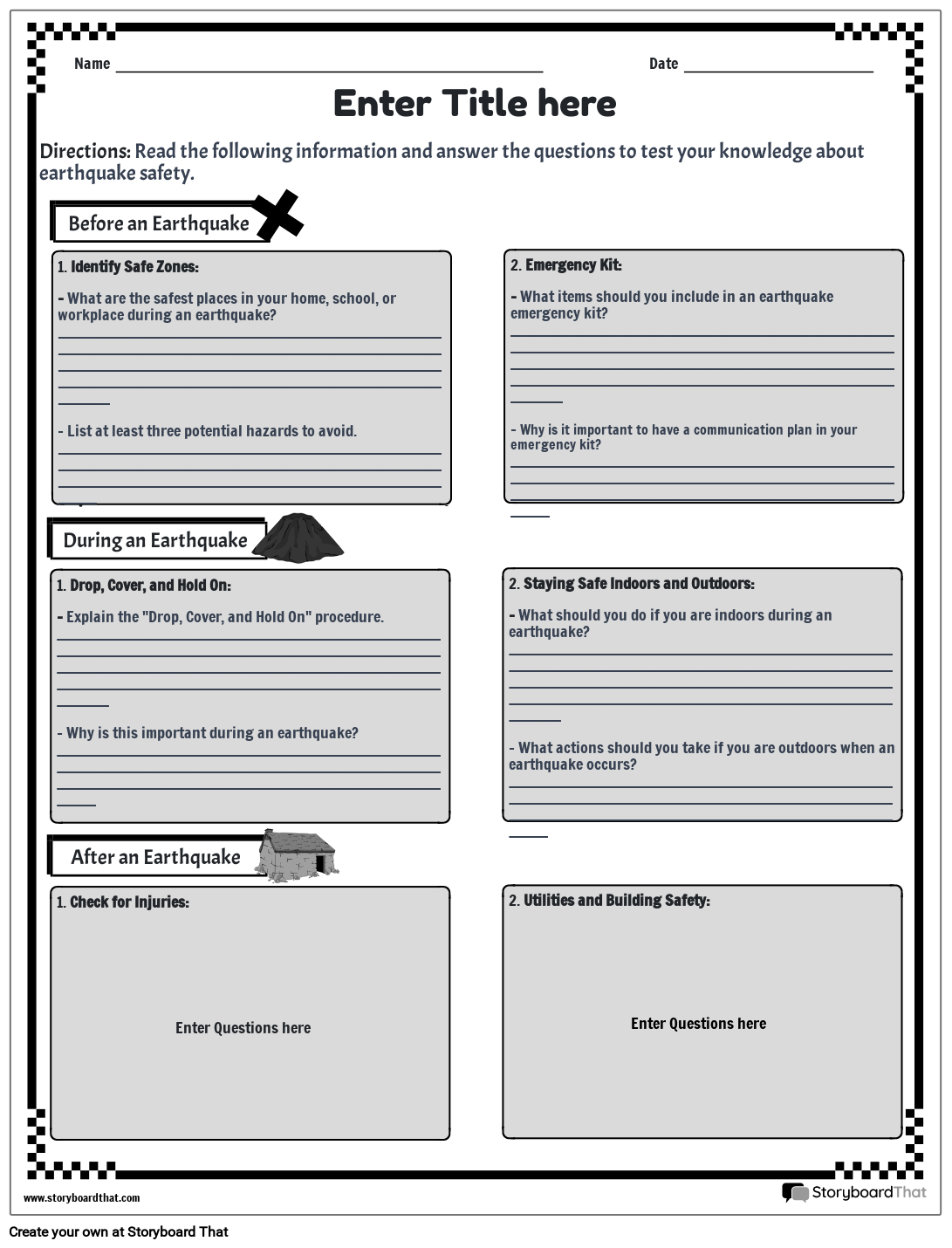 Earthquake Safety Worksheet with checkered border BW