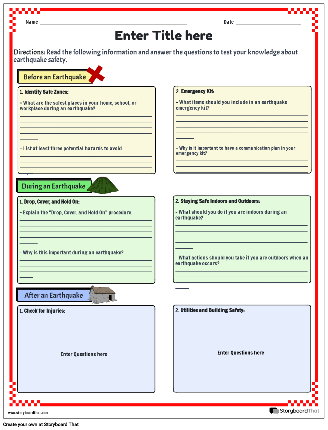 Earthquake Safety Worksheet with checkered border