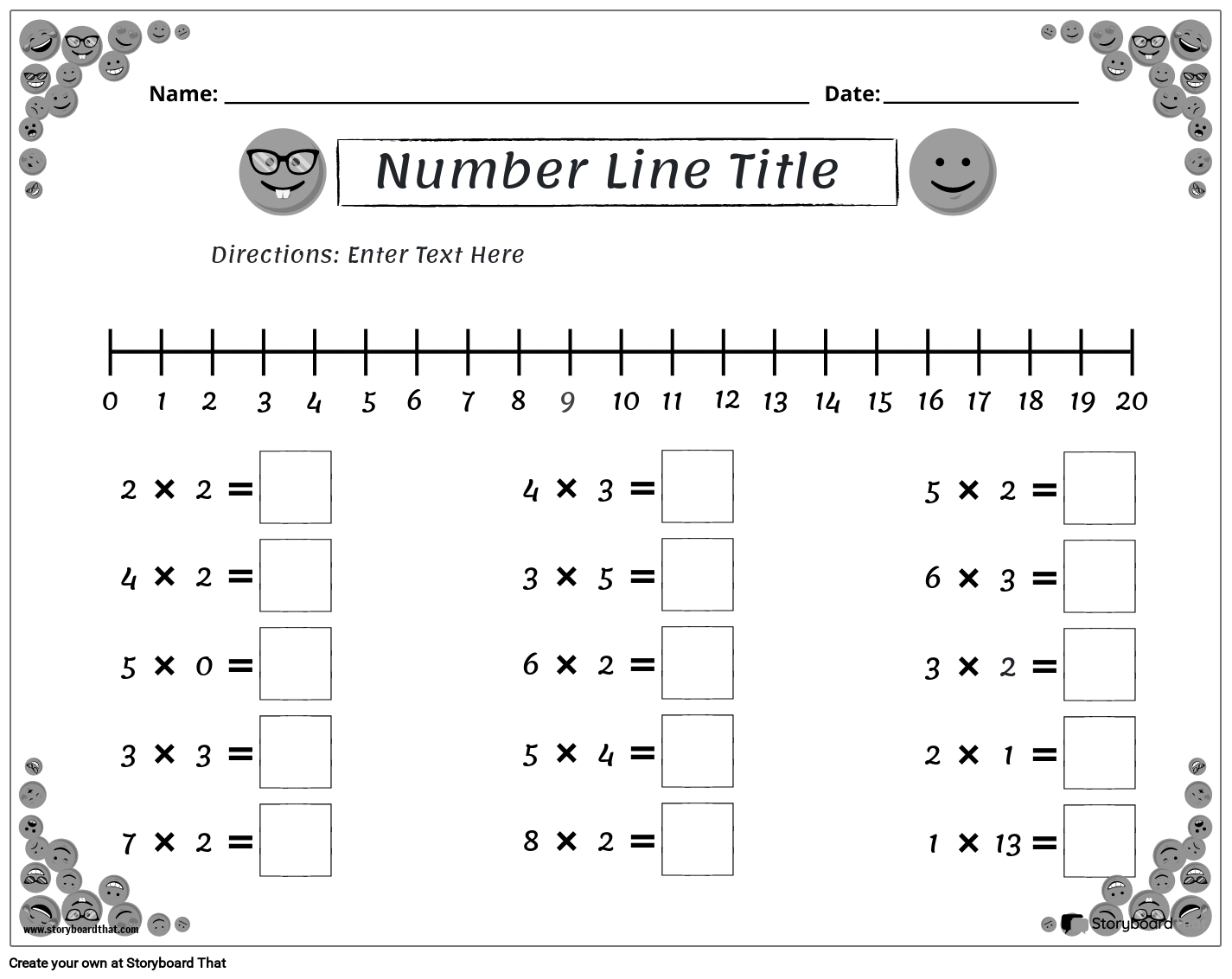 emoji number line worksheet black and white
