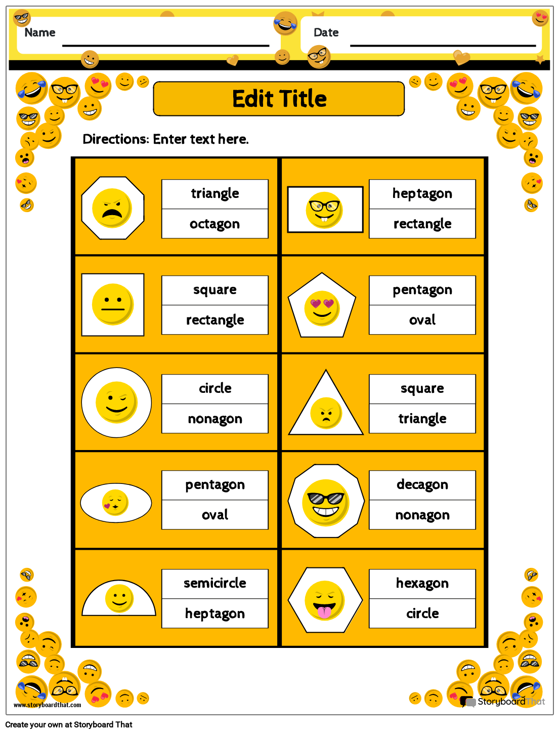 Emoji-themed 2D Shapes Worksheet