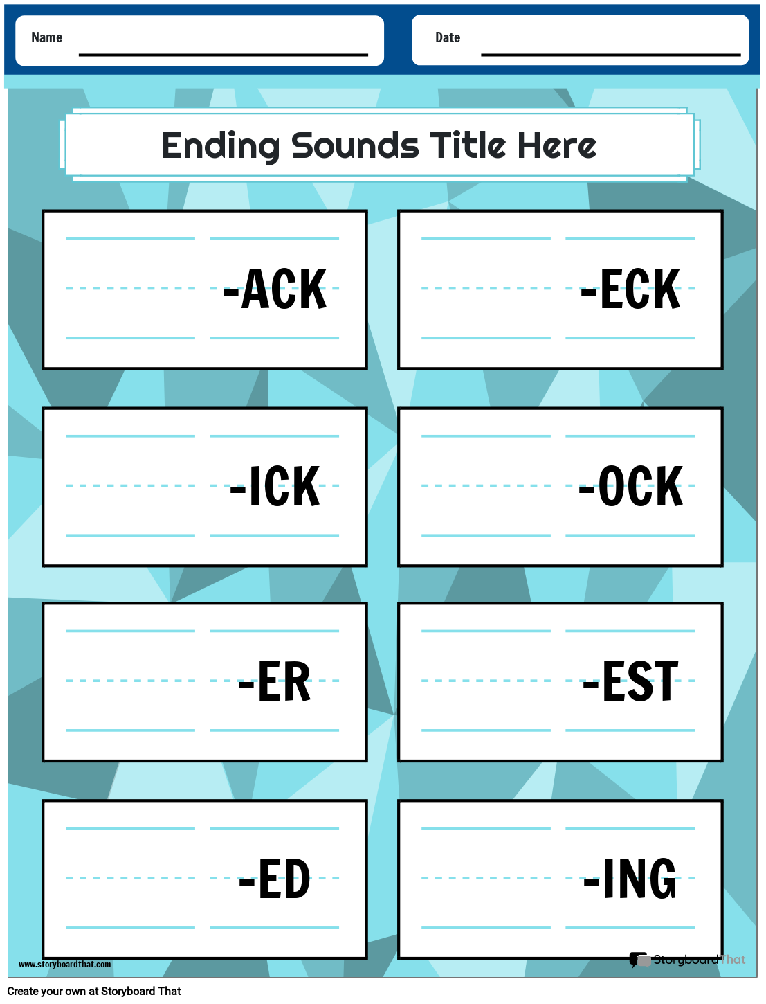 Ending Sounds Worksheet with Blue Background