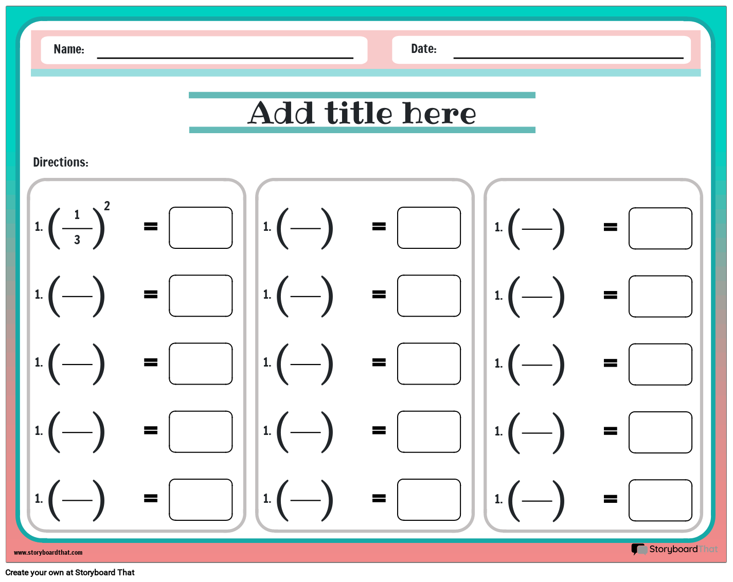 Evaluating fractions with Exponents - Worksheet