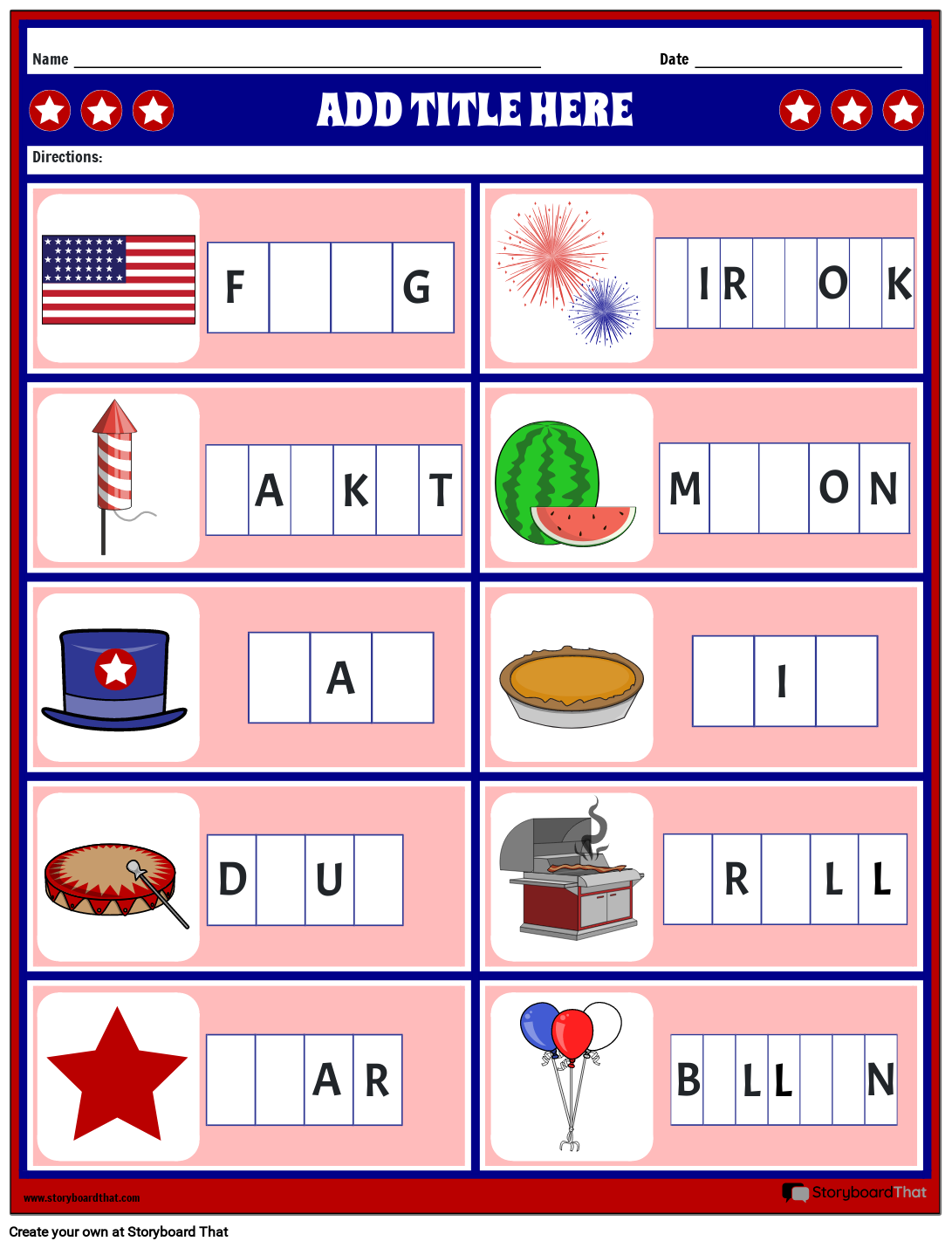 Fill-in the Missing Letter 4th of July Worksheet
