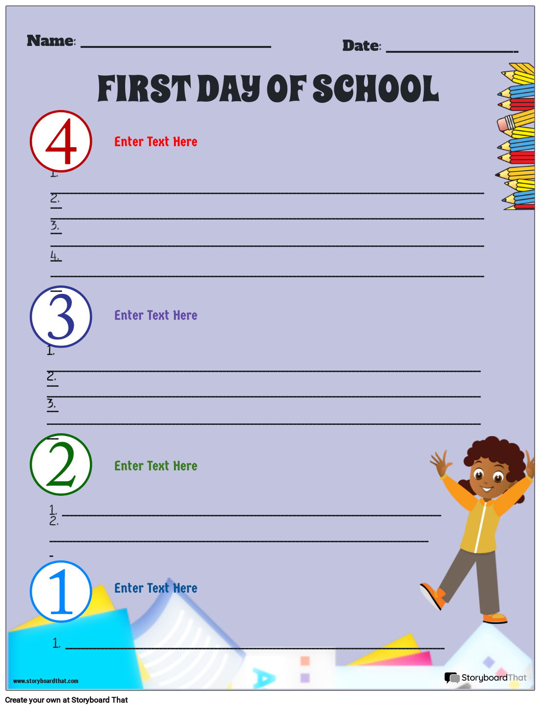 Customizable First Day of School Pencils Theme Worksheet