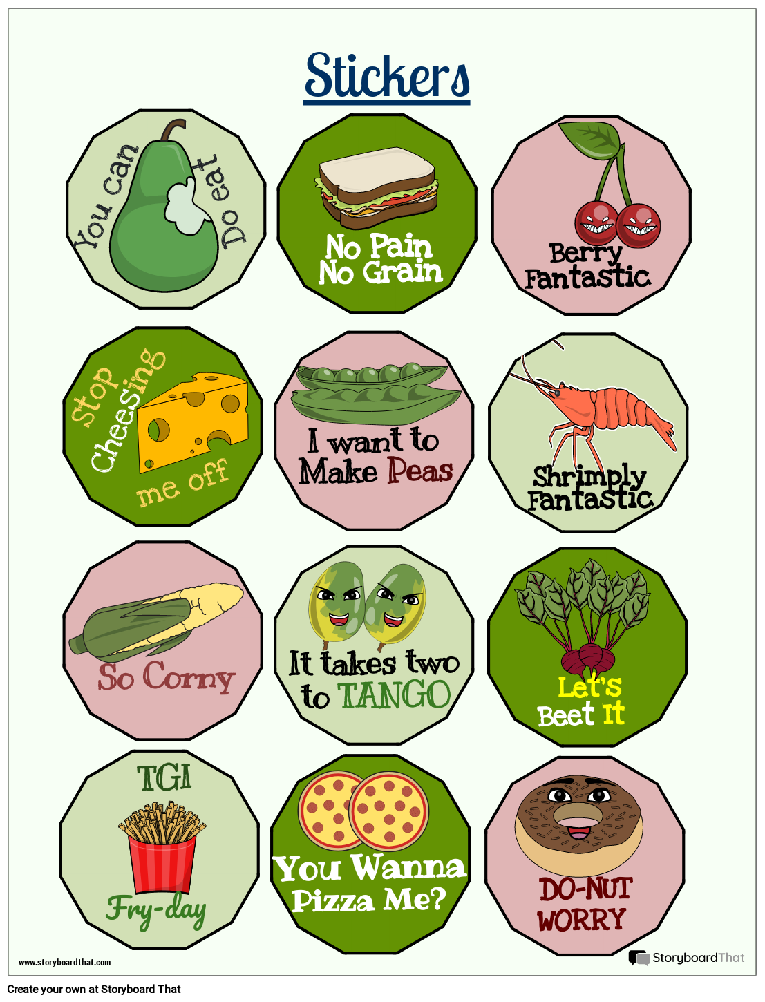 Colorful Animated Food Based Sticker Worksheet