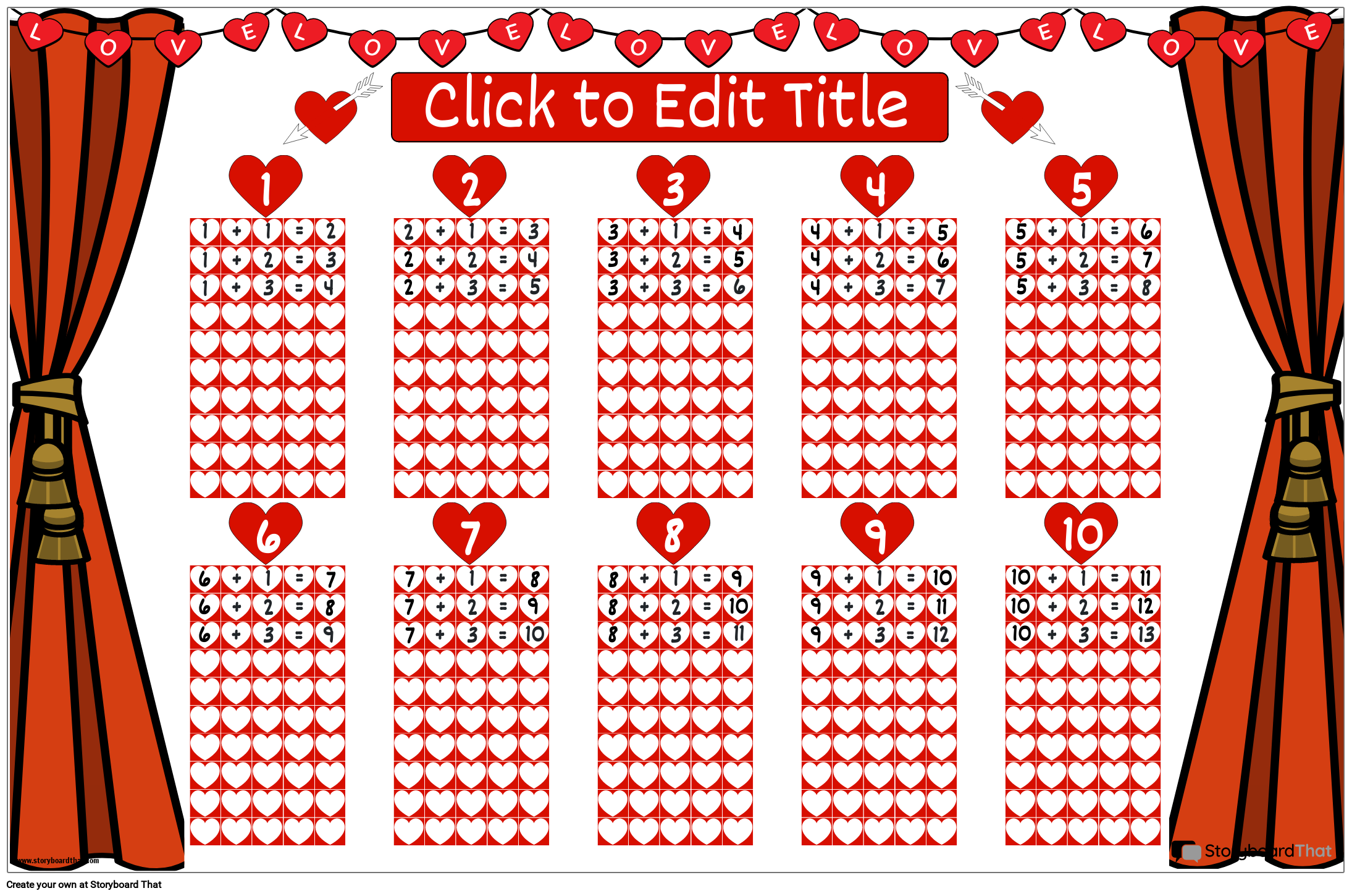 Free Printable Addition Charts Poster with Heart Motifs
