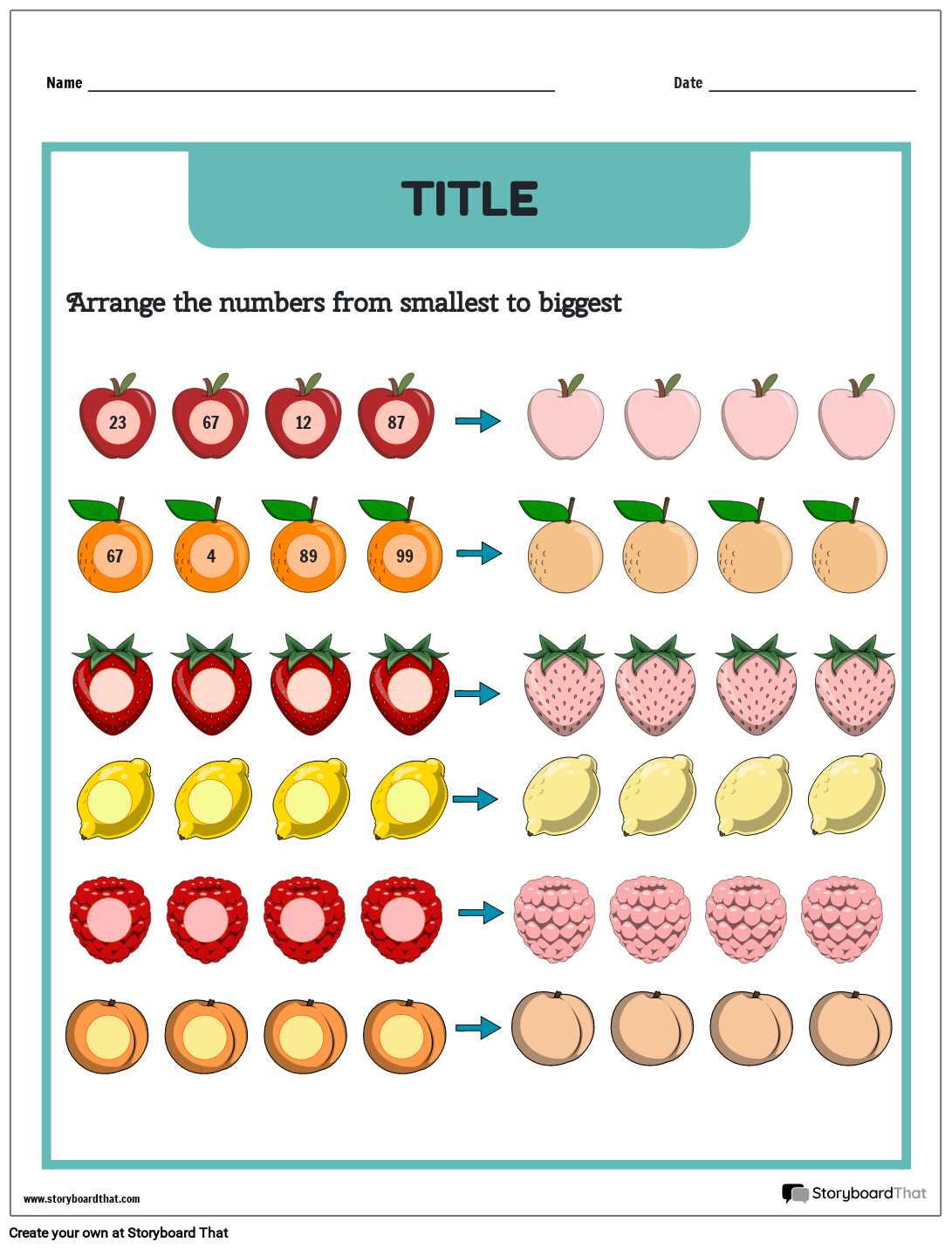 Fruit Themed Ordering Numbers Worksheet
