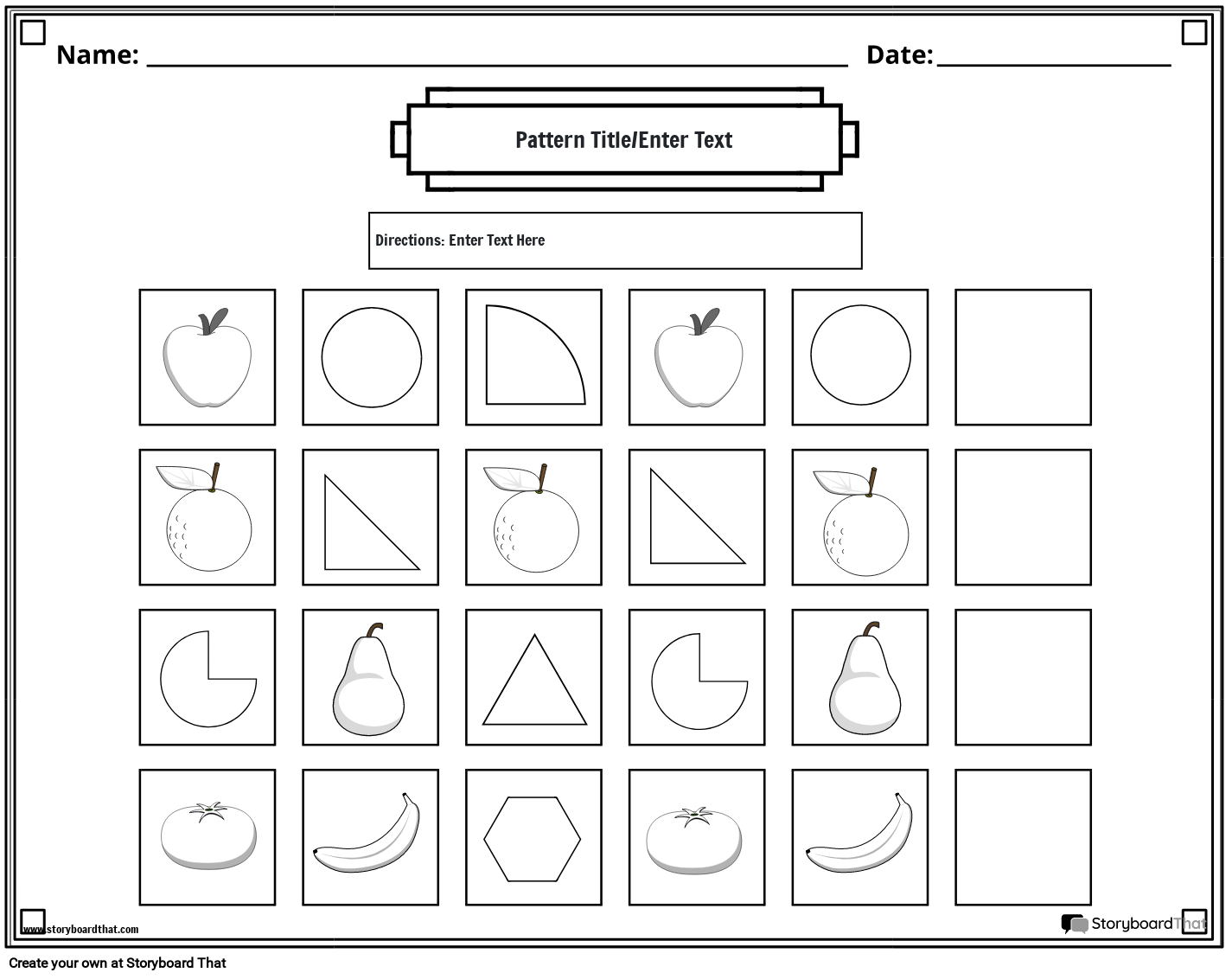 Fruits & shapes pattern worksheet (black & white)