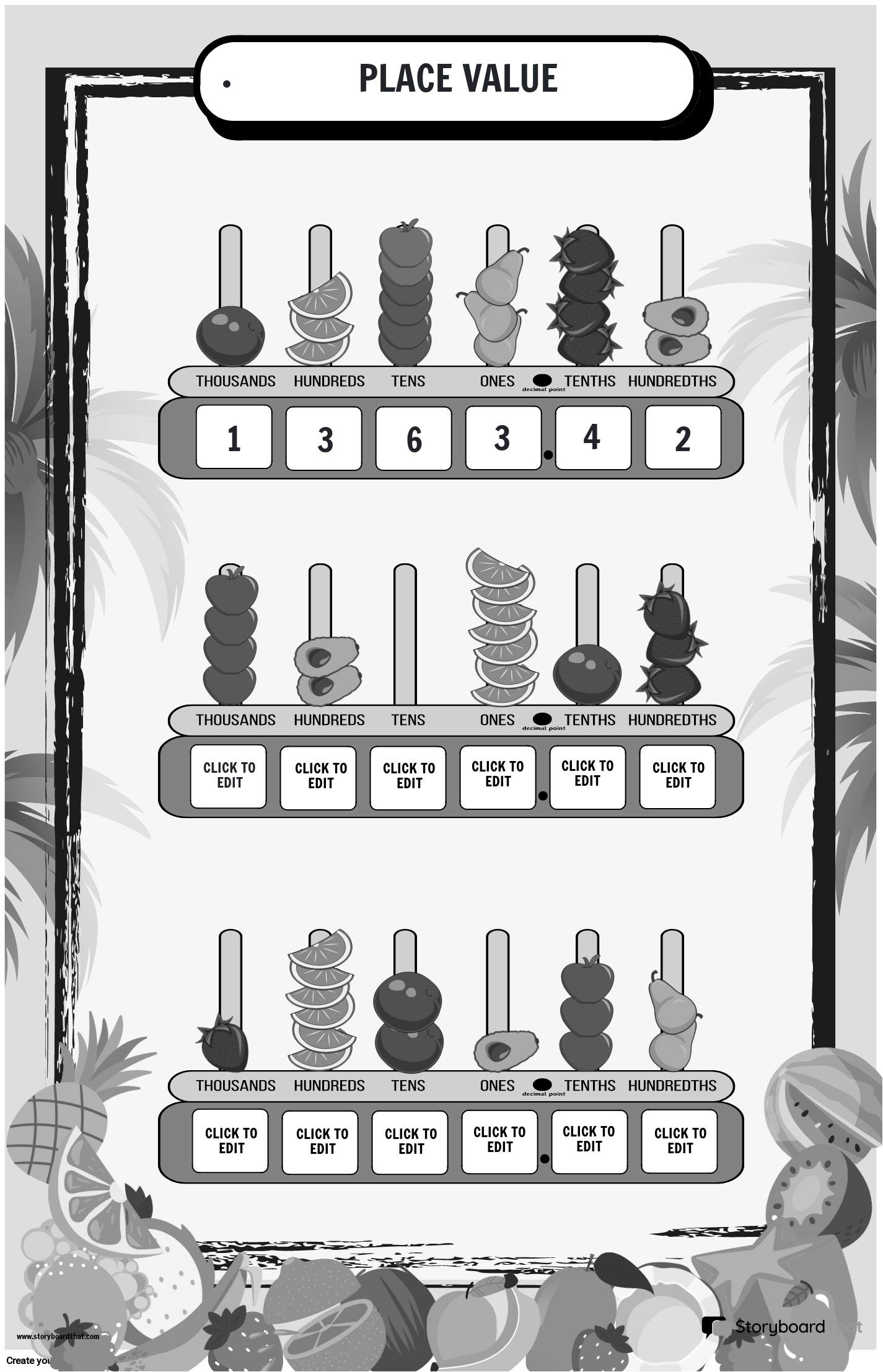 FRUITY THEMED - PLACE VALUE POSTER BLACK AND WHITE