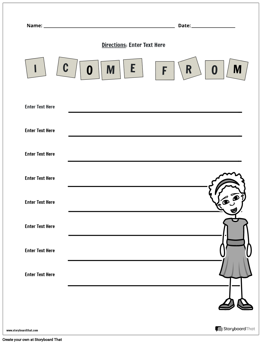 I Come From Poetry Worksheet with Customizable Character