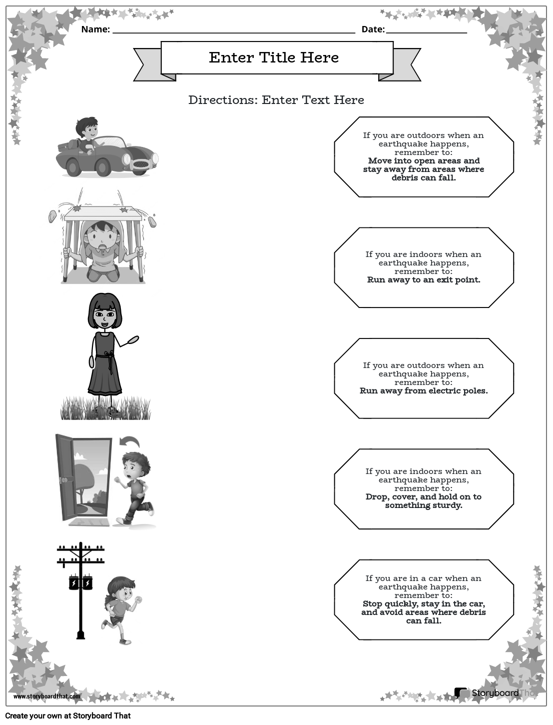 indoor and outdoor precautions earthquake worksheet with star border BW