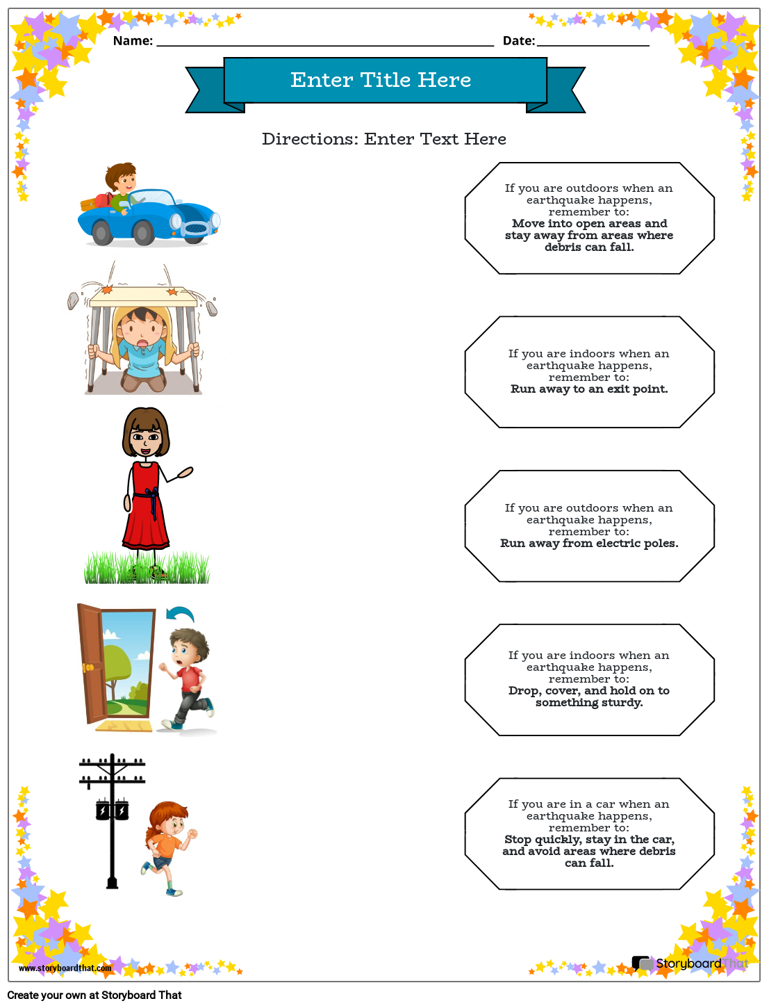 Indoor and outdoor precautions earthquake worksheet with star border