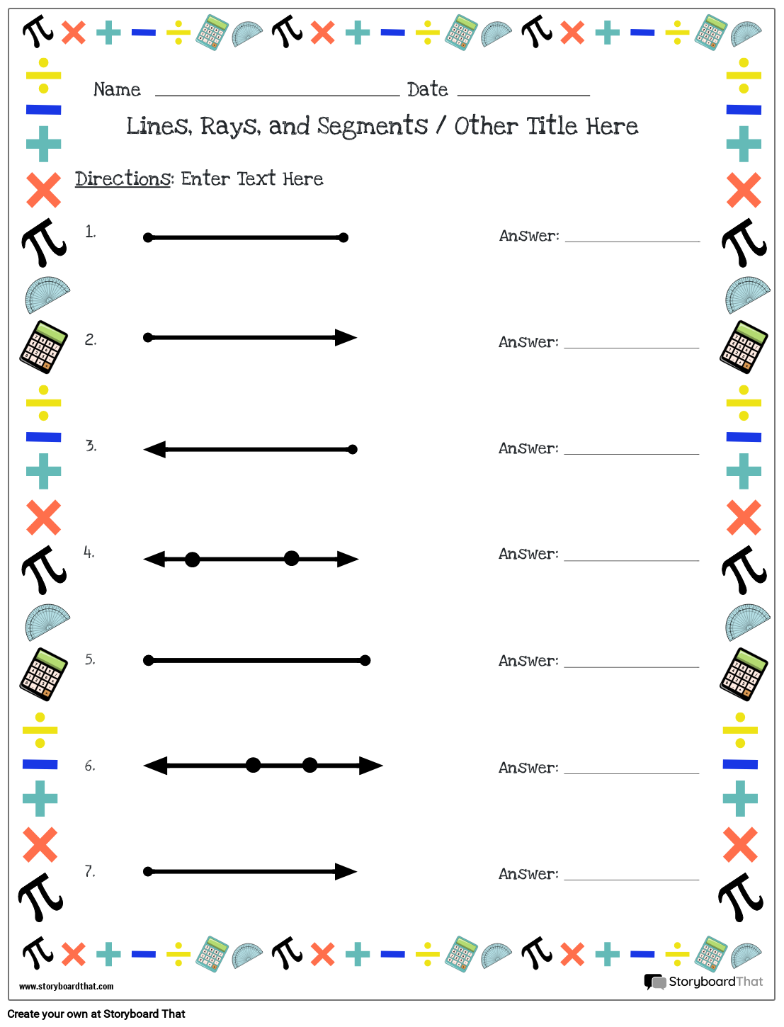 Lines and rays worksheet math themed