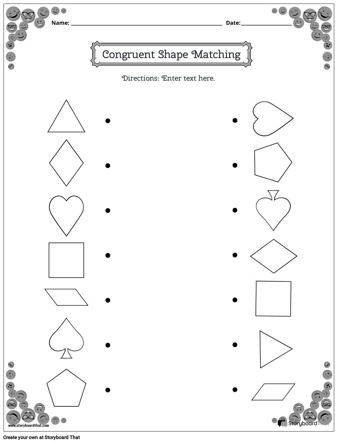 Matching Congruent Shapes Worksheet with Smiley Face Border (black and whit