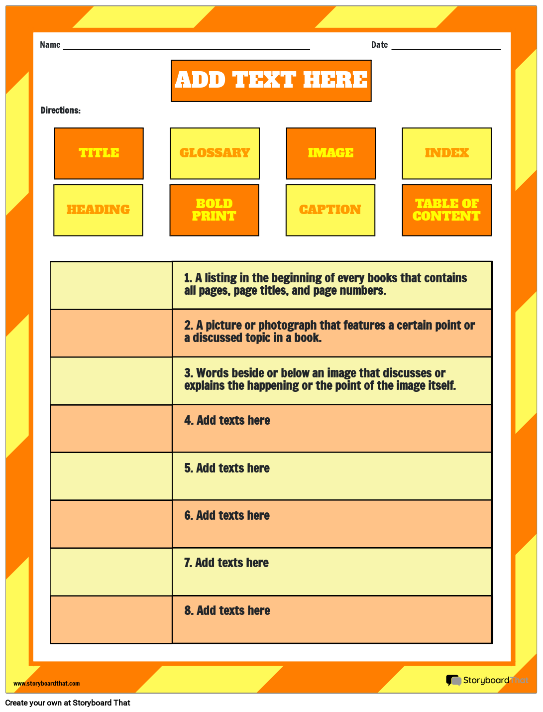 Matching Correct Text Features Definition Worksheet