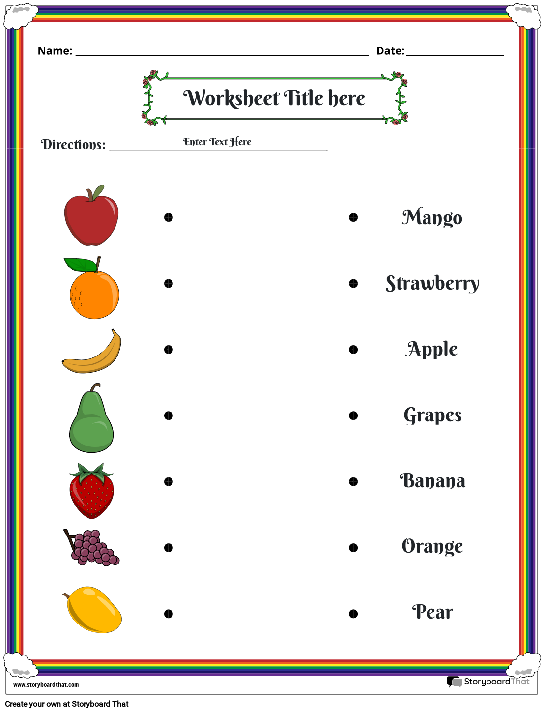 Matching Fruits with names color worksheet
