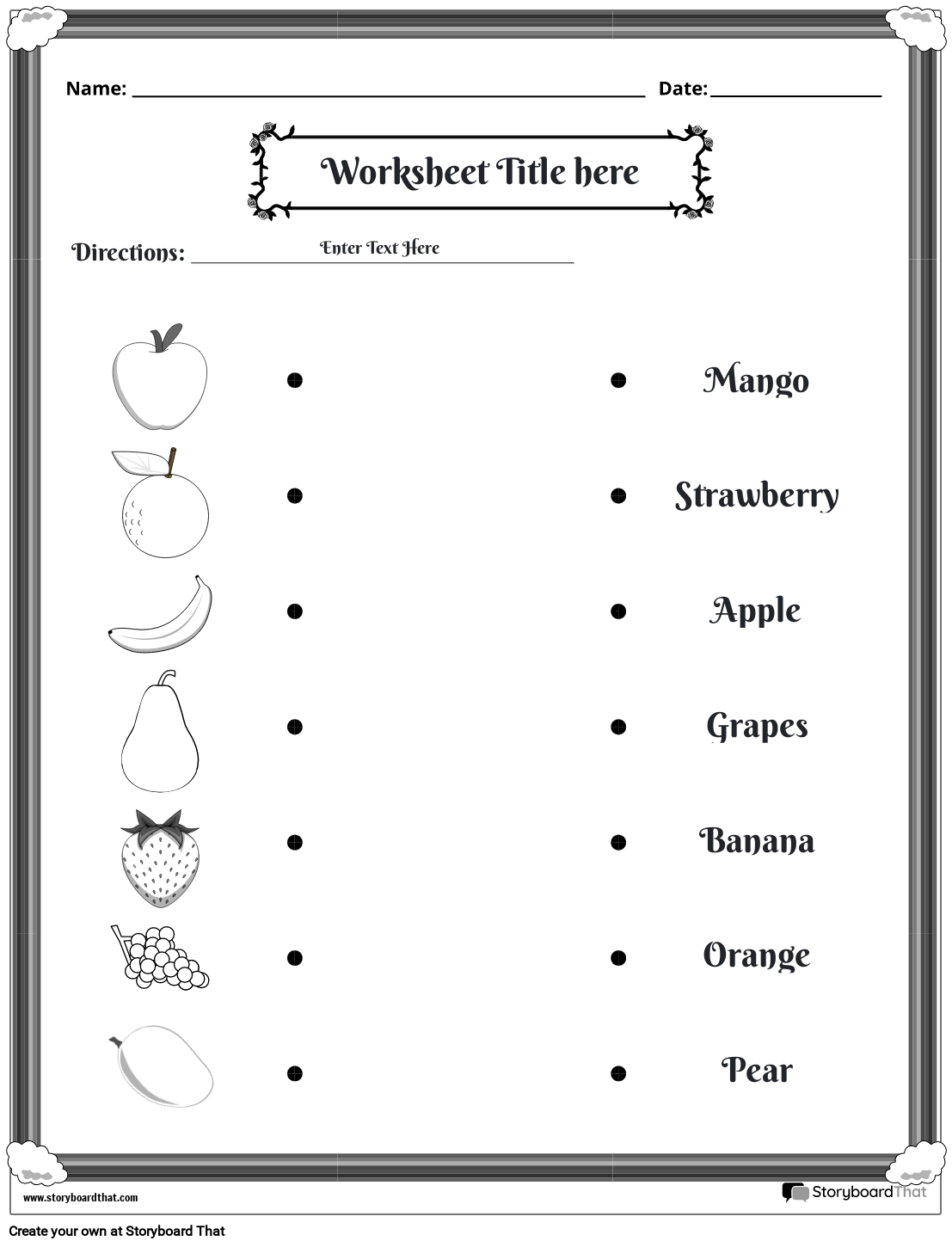 Matching Fruits with names worksheet (black & white)
