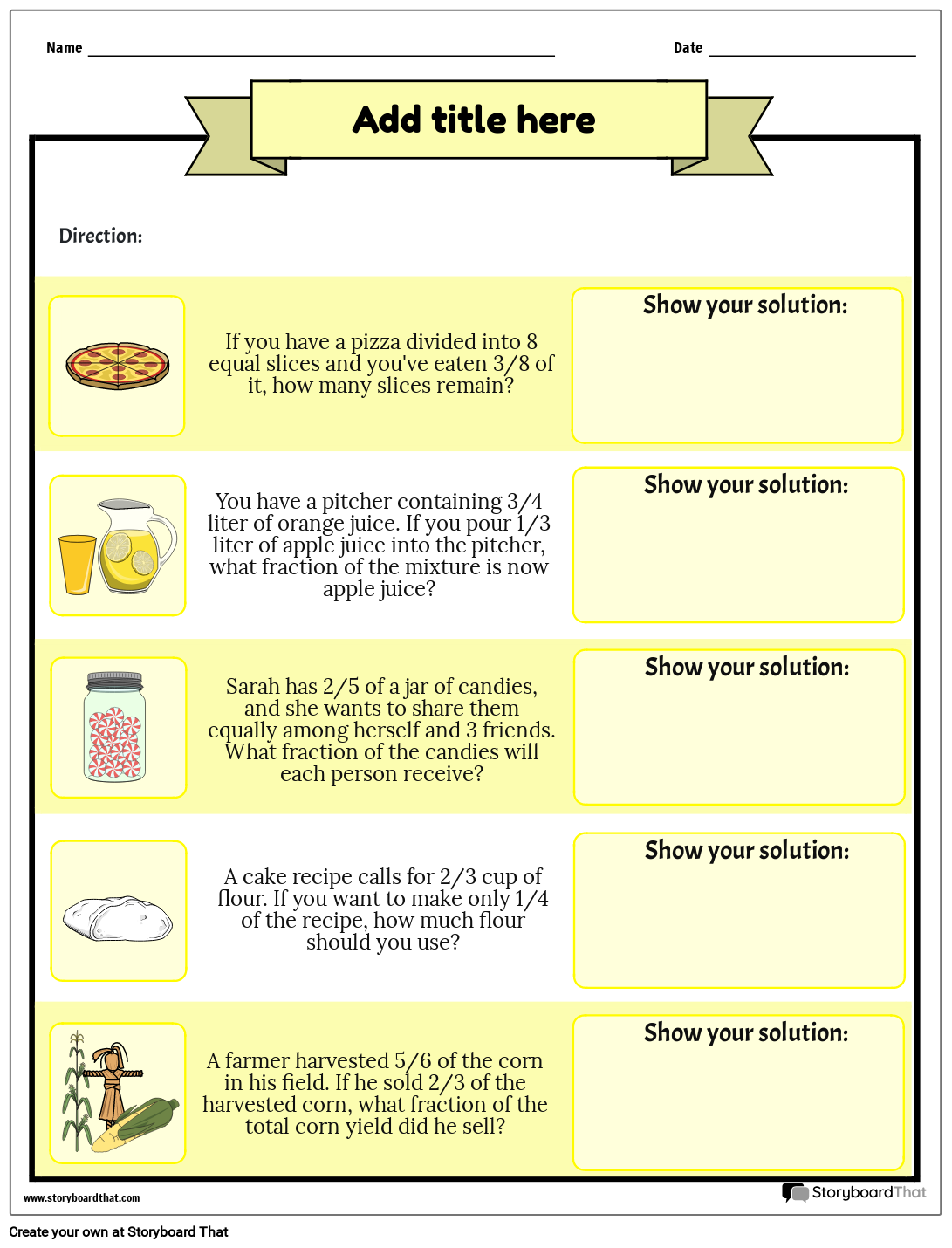 Yellow Themed Math Word Problems About Fractions