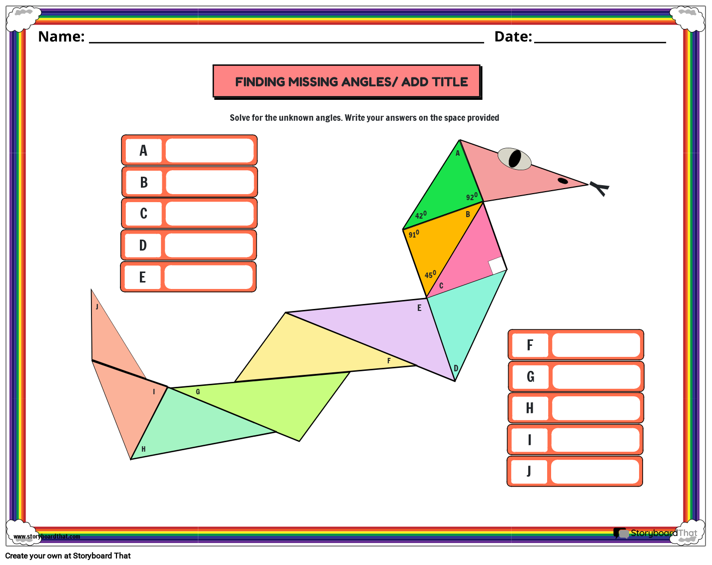 Measure of Angles in a Triangle Worksheet with Colorful Triangle Snake