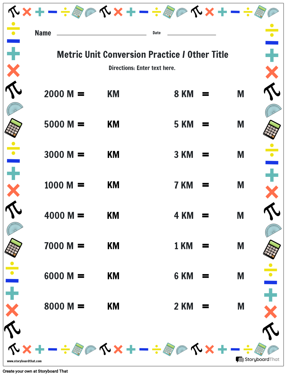 Measurement metric conversion worksheet with math border
