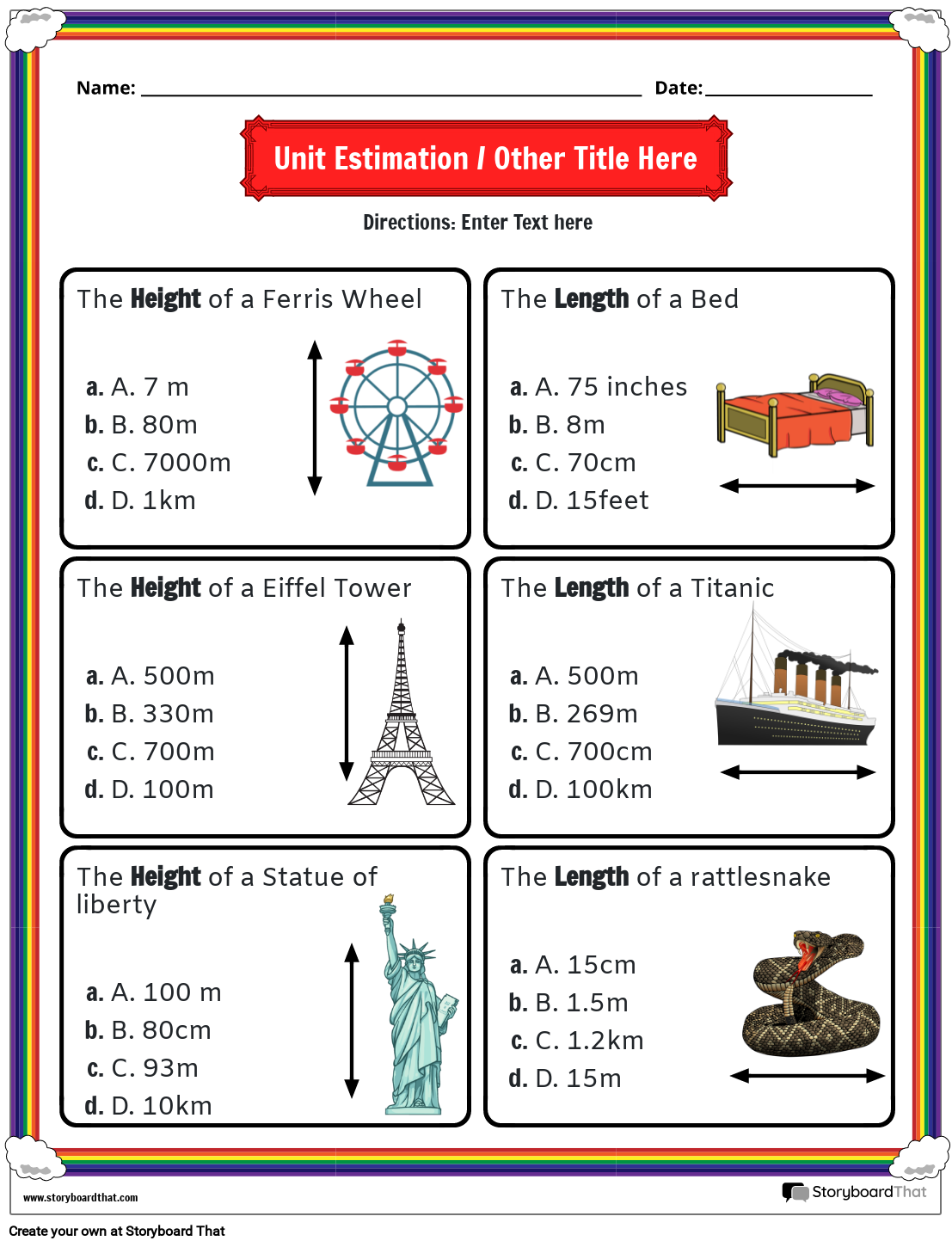 Measurement of items metric system worksheet with rainbow border