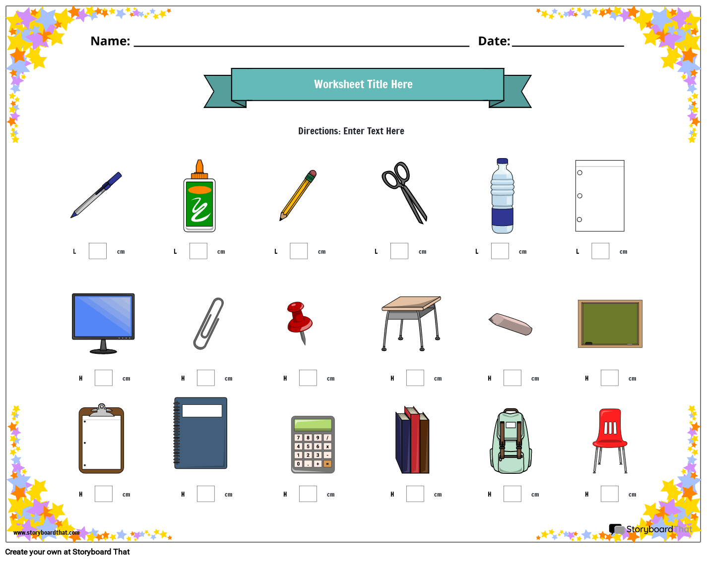 Measurement of objects worksheet with star border