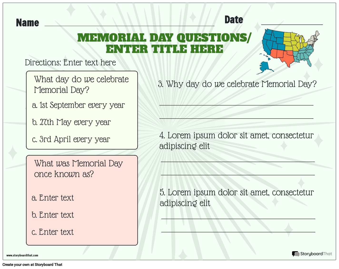 Memorial Day questions worksheet