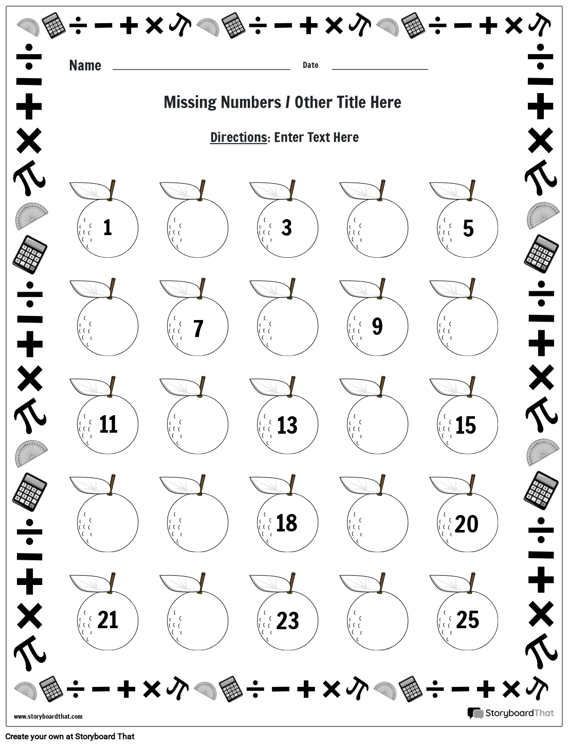 Missing numbers worksheet with oranges (black and white)