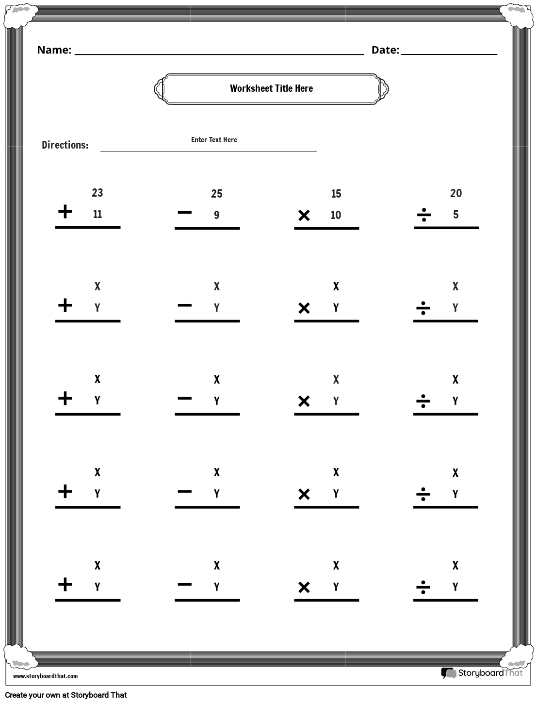 Mixed 4 operations worksheet with rainbow border (black and white)