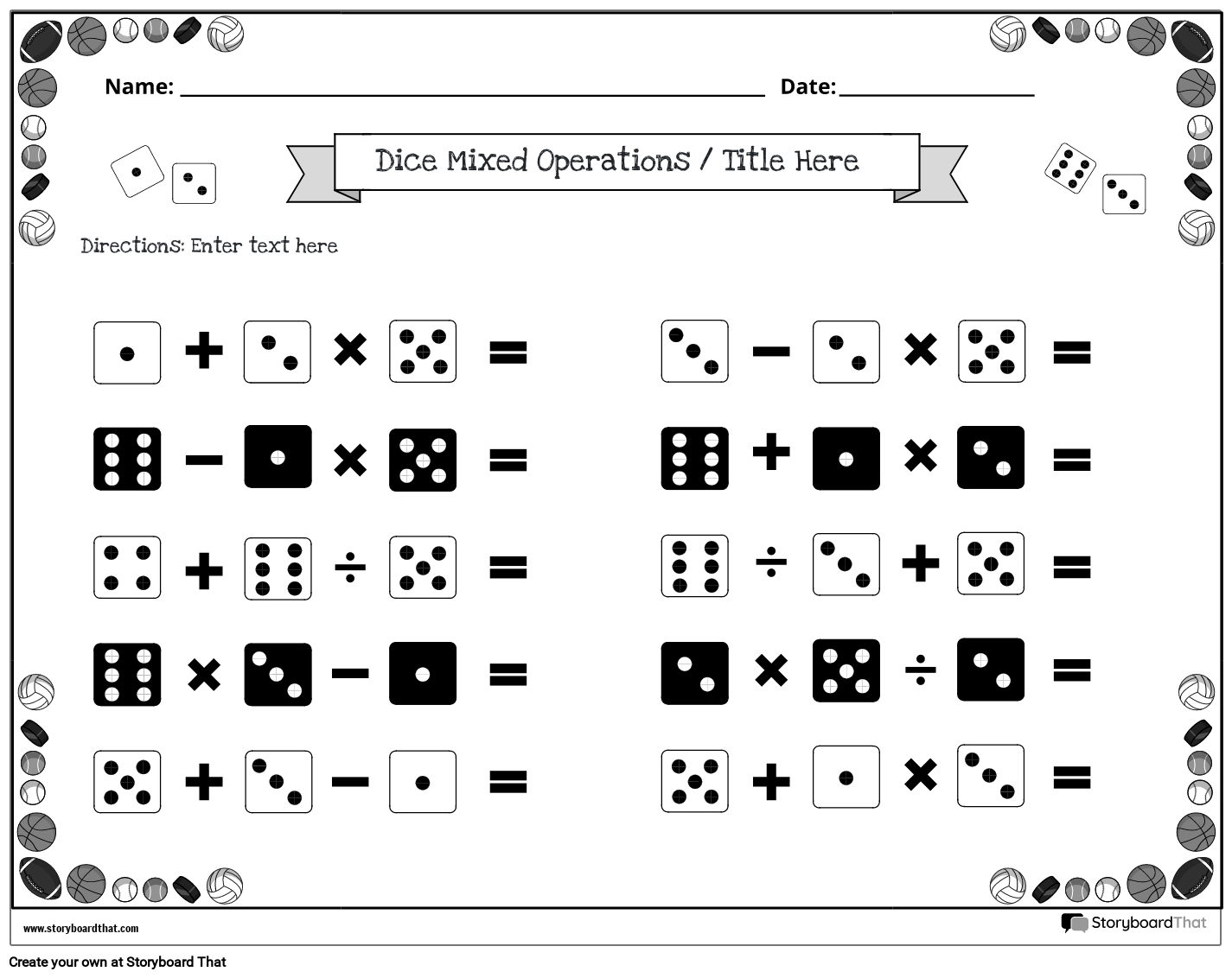 Mixed operations worksheet with dice (black and white)