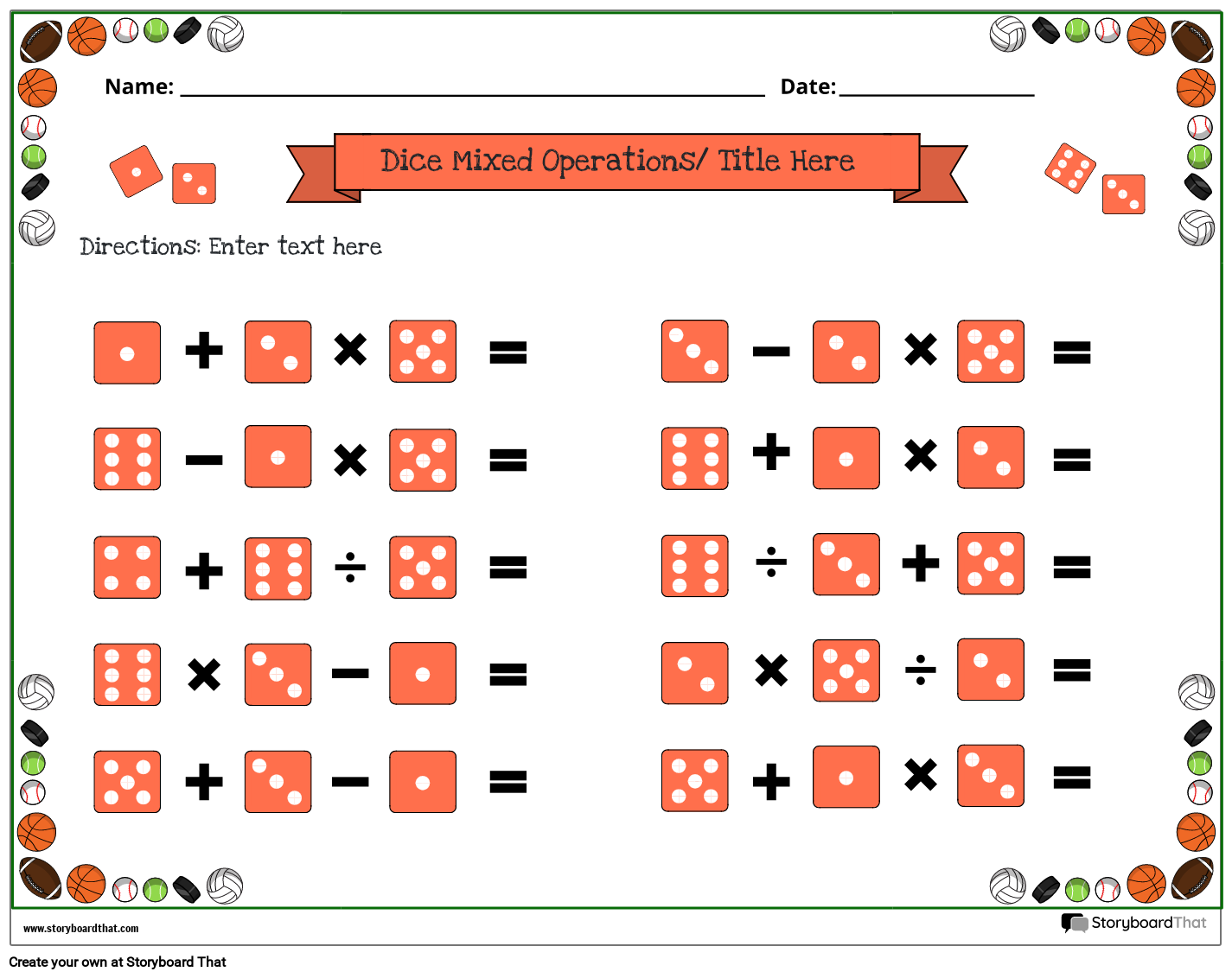 Mixed operations worksheet with dice
