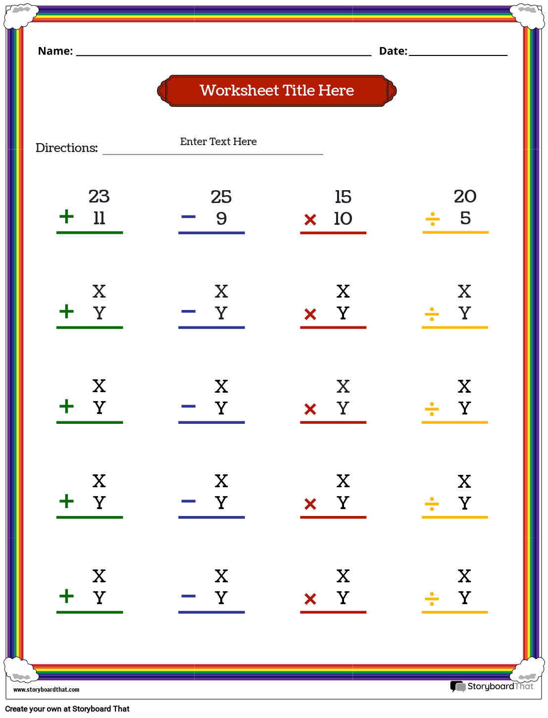 Mixed operations worksheet with rainbow border and colors