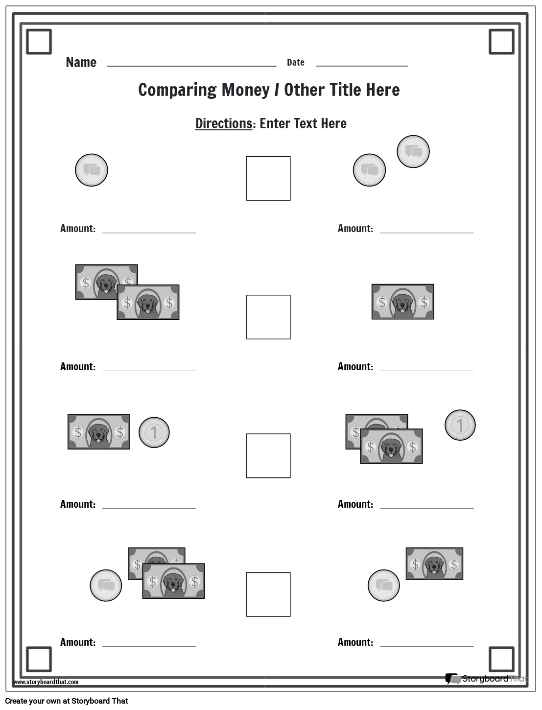 Money Worksheet - Compare Money - BW