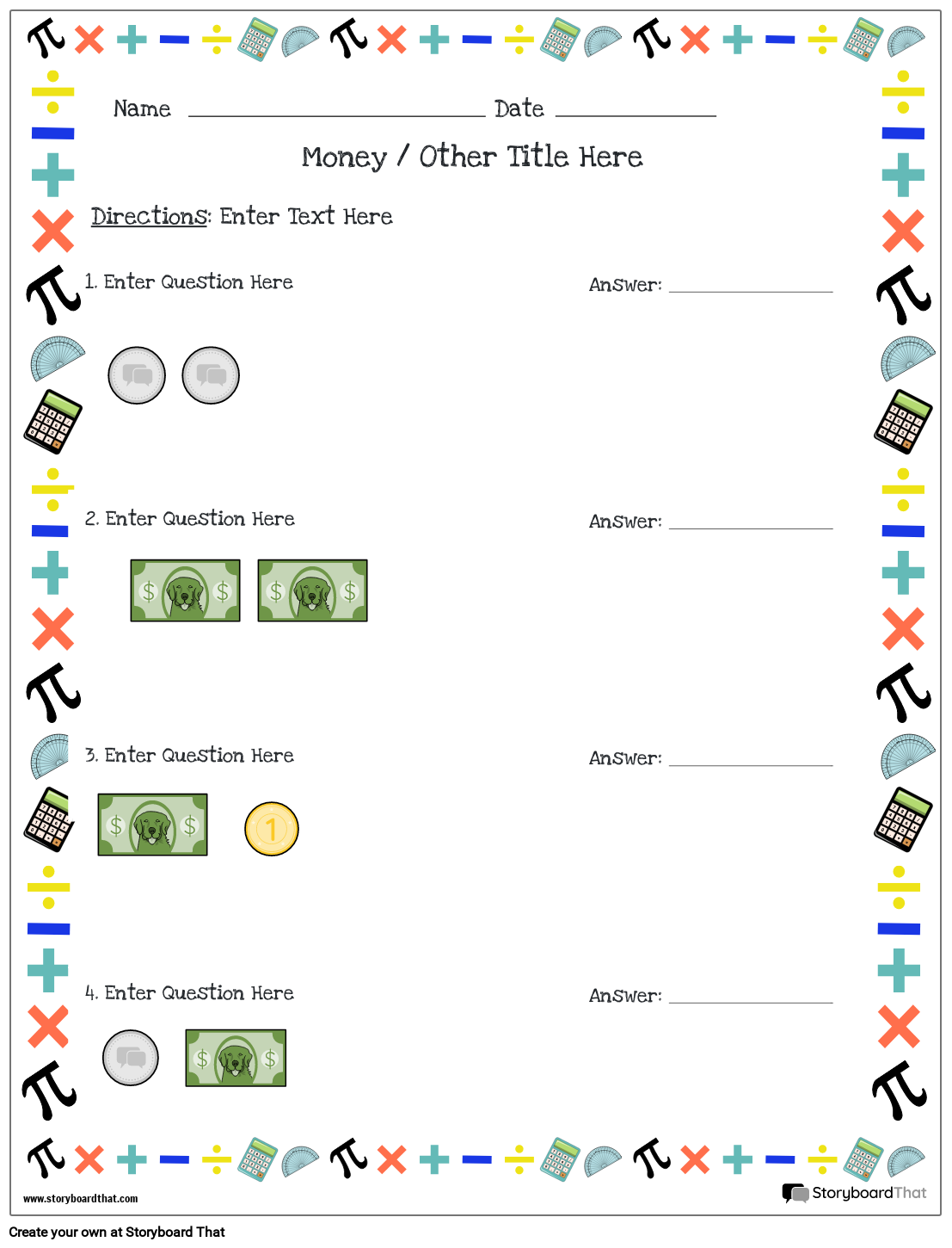 Money worksheet with math border