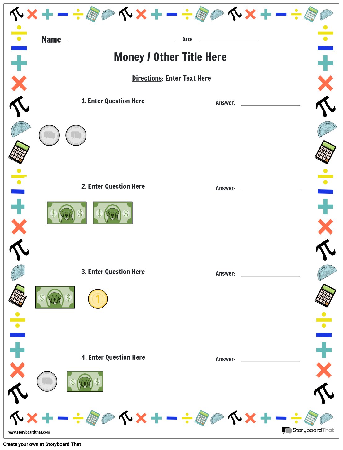 Money worksheet with math border