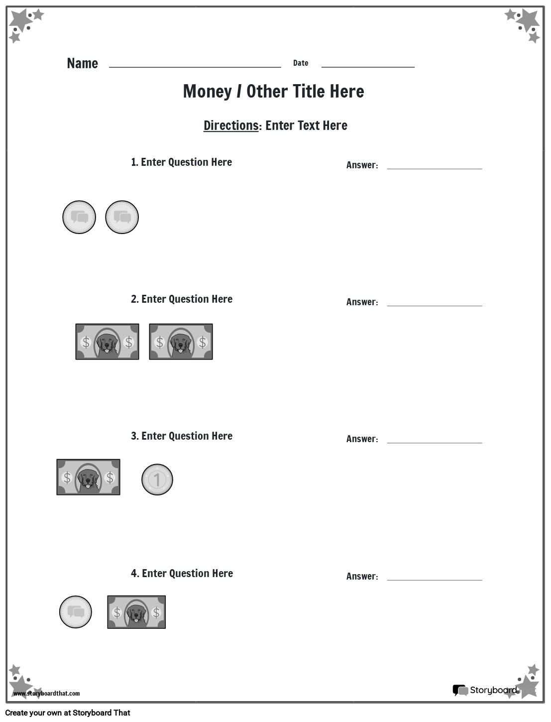 Money worksheet with star border BW