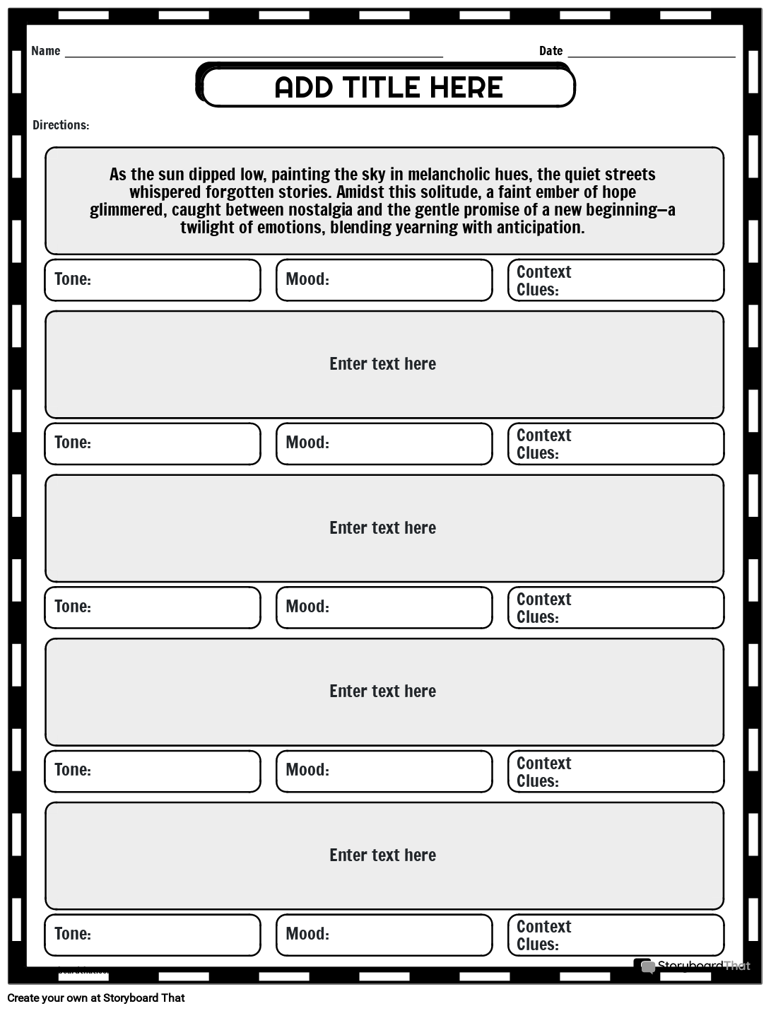 Mood and Tone Worksheet Template