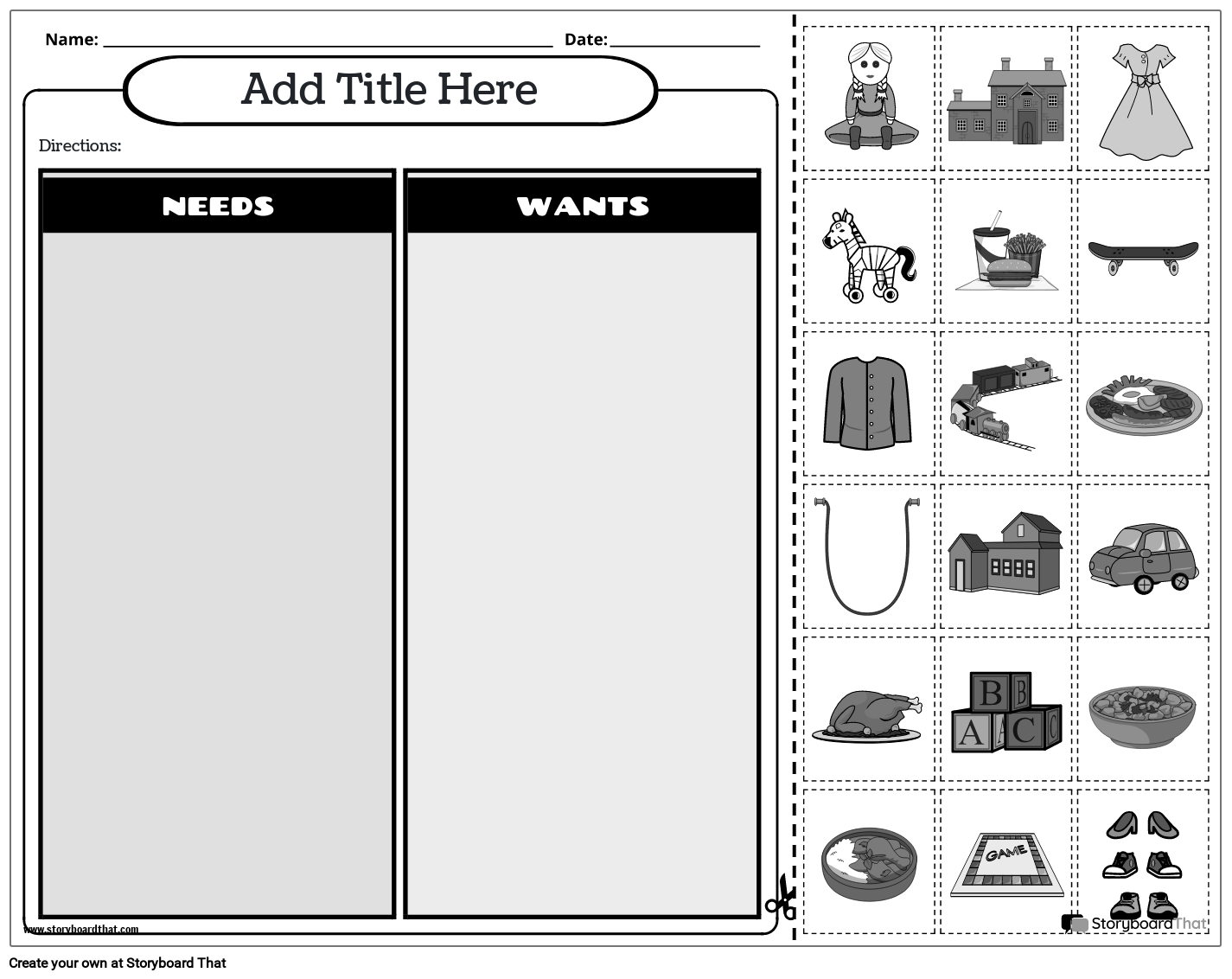Needs and Wants Sort Cut and Paste - Economics Worksheet