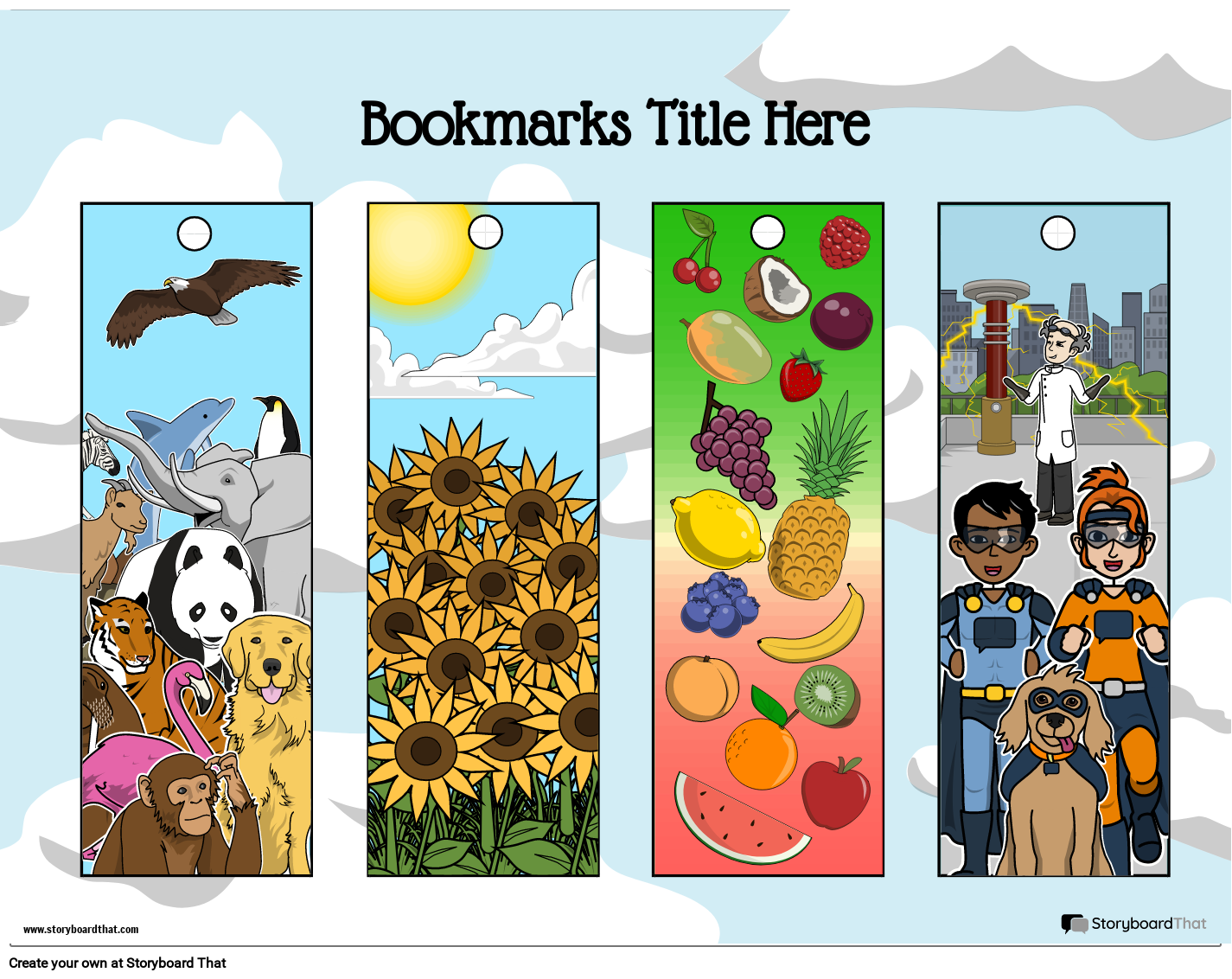 Bookmark Worksheet with Fruits, Characters & Flowers