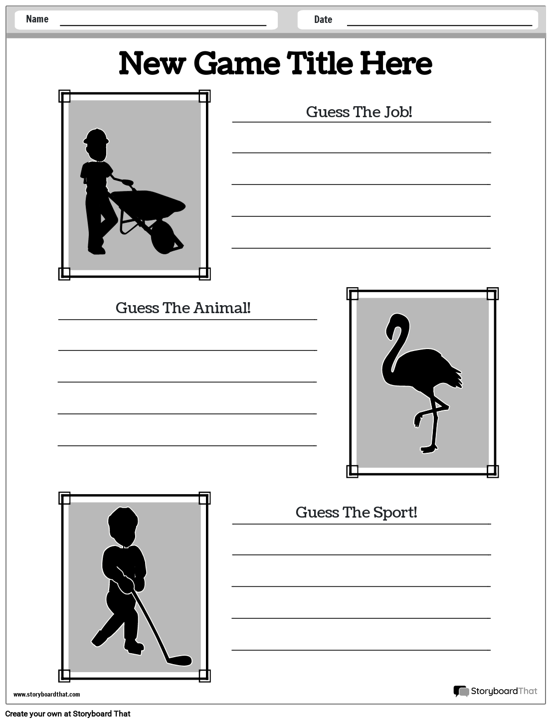 Game Worksheet Template with 3 Image Frames