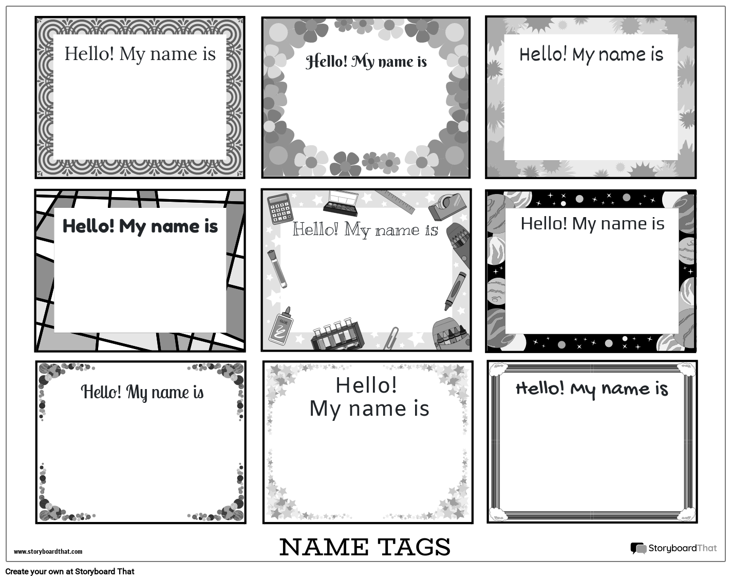 Name Tag Worksheet with Various Background Patterns