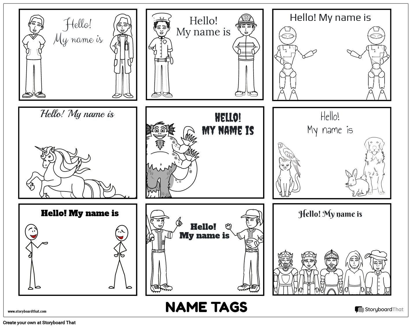 Diverse Characters Themed Name Tag Worksheet