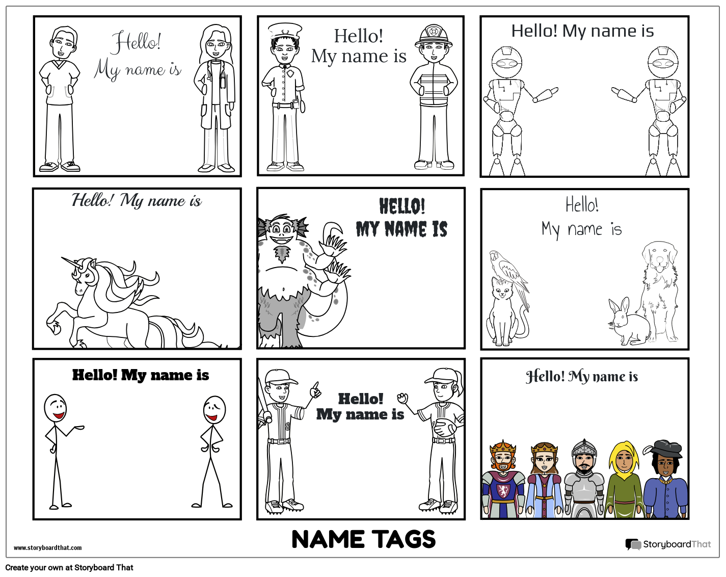 Diverse Characters Themed Name Tag Worksheet Storyboard