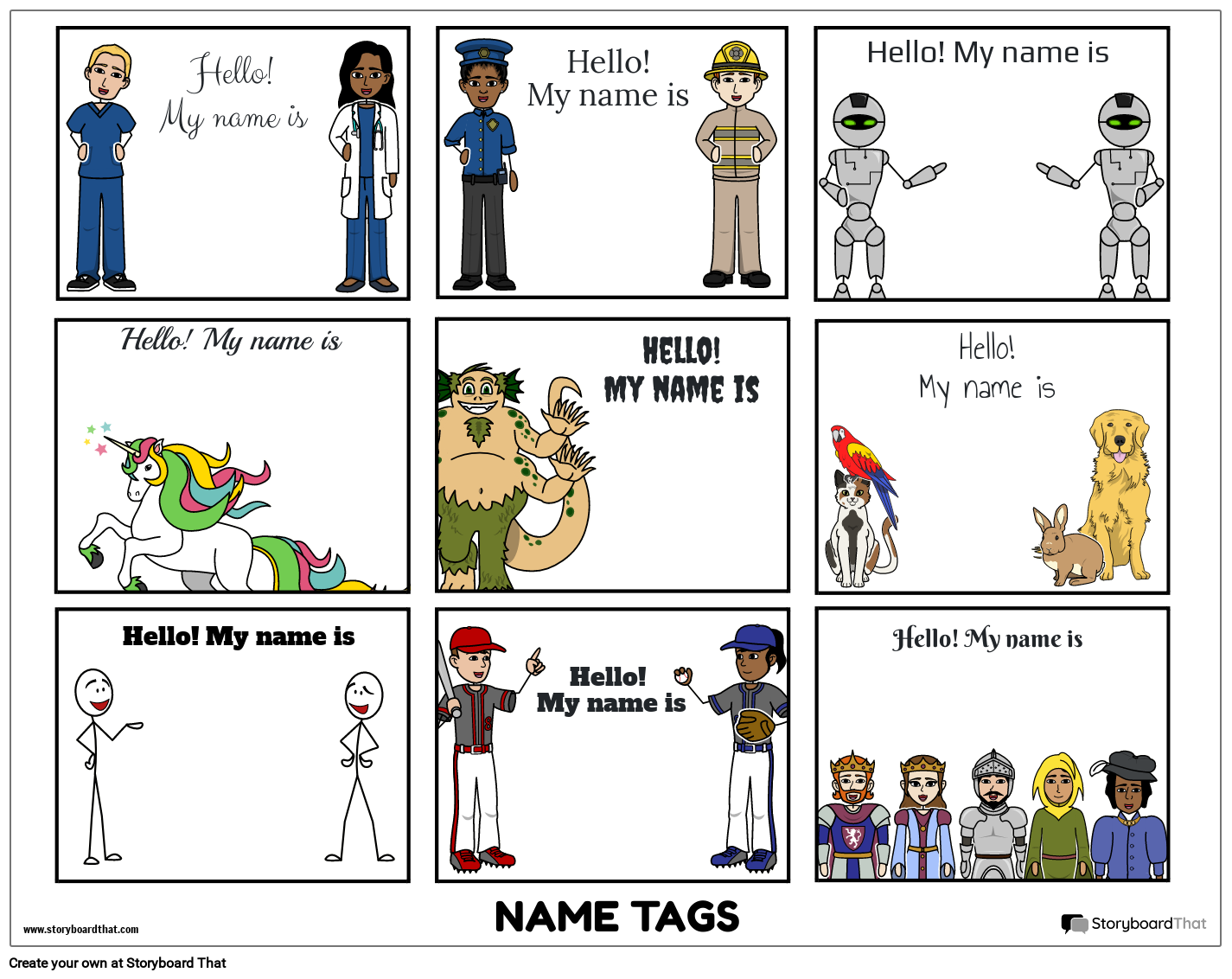 Name Tag Worksheet Featuring Various Characters